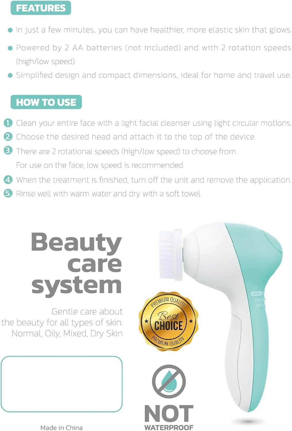 Electric facial cleansing and exfoliating brush with 5 interchangeable heads for deep skin care and gentle cleansing