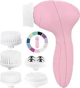 Electric pink facial cleansing and exfoliating brush with five interchangeable heads and two speed settings for deep skin cleansing and exfoliation.