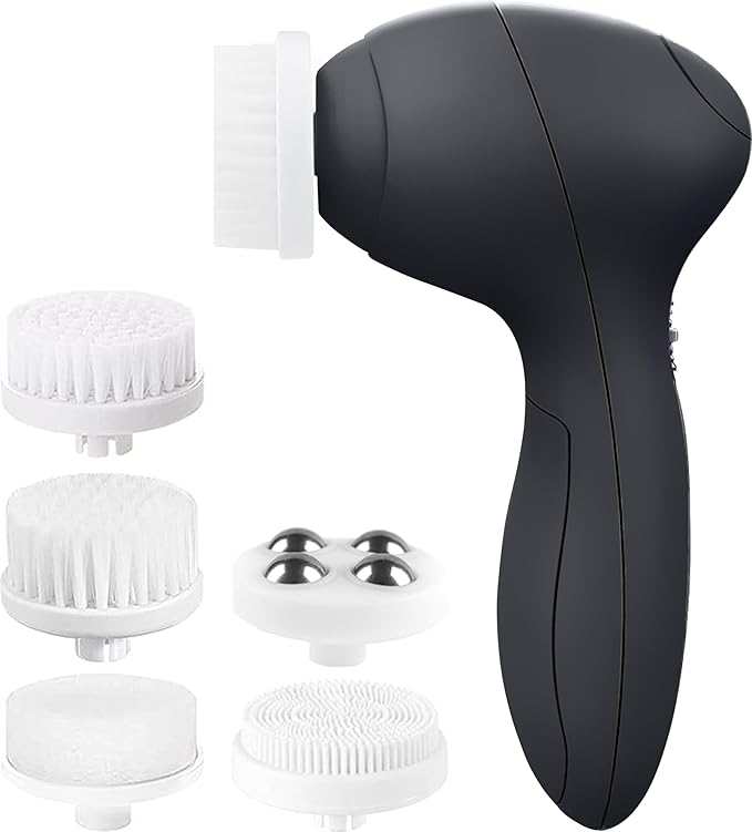 Electric facial cleansing and exfoliating brush set with five interchangeable heads for deep cleaning and skin care.