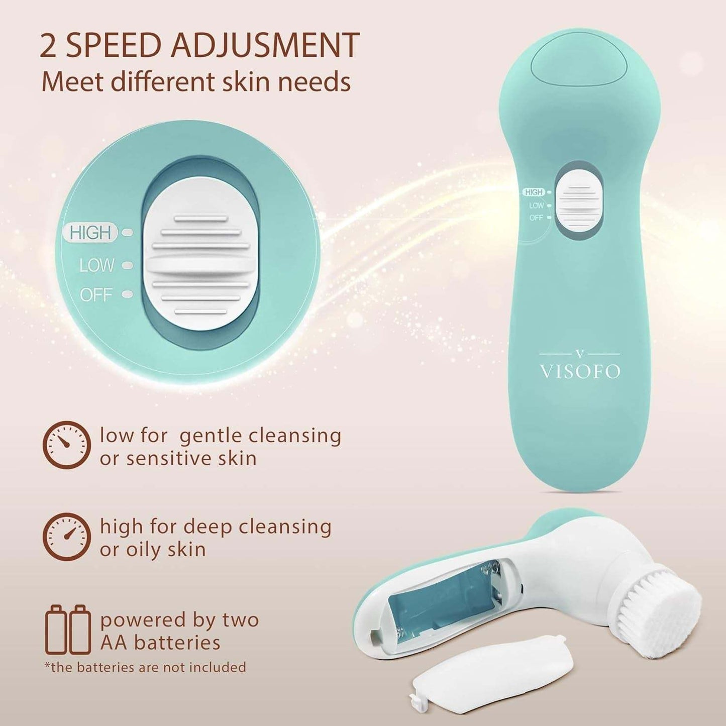 Electric facial cleansing and exfoliating brush with two-speed settings for gentle or deep cleansing, powered by two AA batteries.