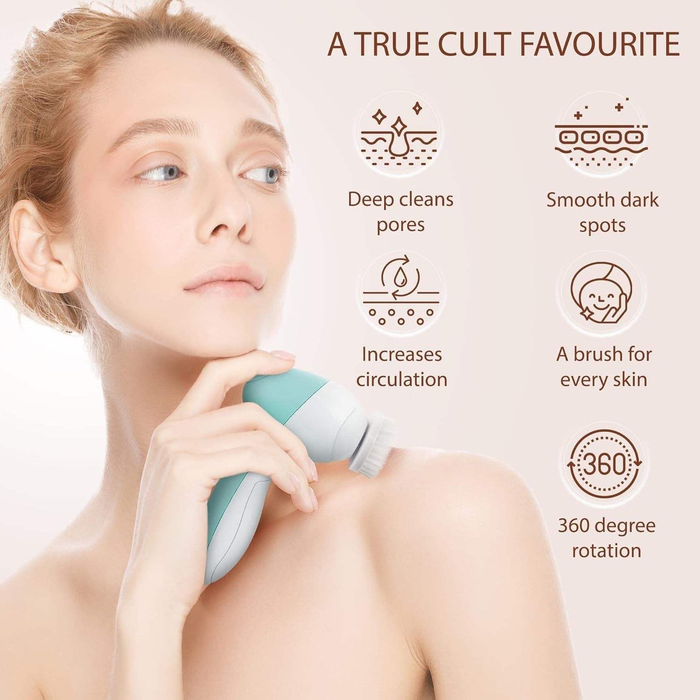 Woman using the Opal Beauty Co electric facial cleansing and exfoliating brush with 360-degree rotation and multiple brush heads for deep pore cleansing and skin smoothing