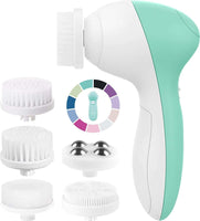 Electric facial cleansing and exfoliating brush with five interchangeable heads for deep skincare and massage.