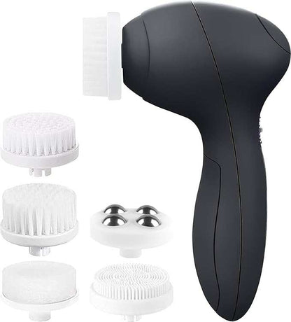 Electric facial cleansing and exfoliating brush set with five interchangeable heads for deep cleaning and skin care.