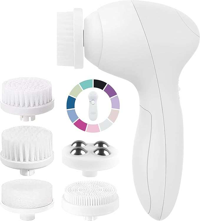 Electric facial cleansing and exfoliating brush set with five interchangeable heads for deep skin cleaning and massage