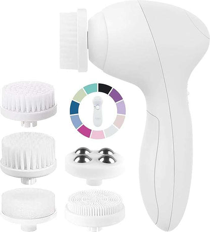 Electric facial cleansing and exfoliating brush set with five interchangeable heads for deep skin cleaning and massage